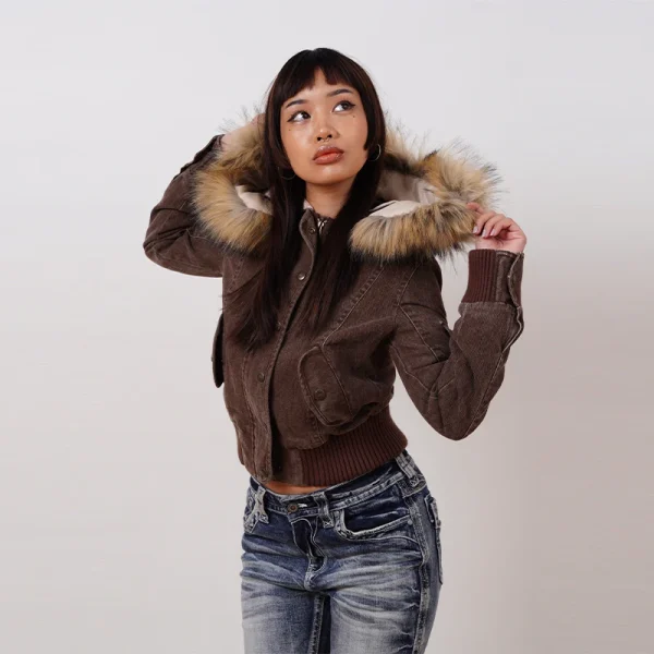 Women's Vintage Brown Short Hooded Jacket