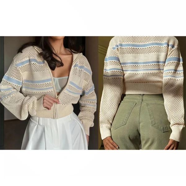 Ladies Striped Knit Cardigan with Zipper Closure
